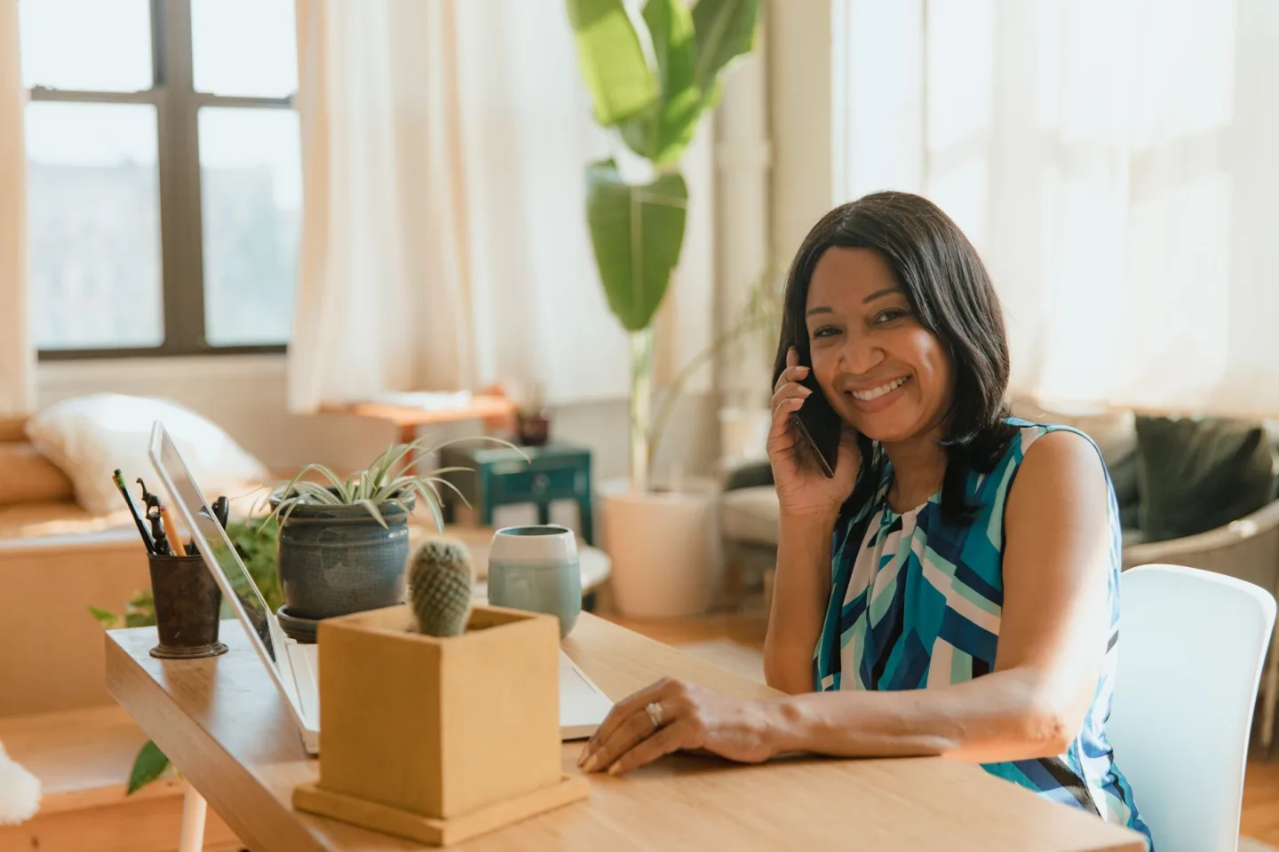A parent making a call from home
